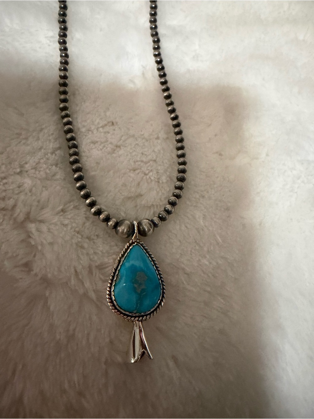 Turquoise Teardrop Pendant Necklace - Sterling Silver Desert Pearl Chain